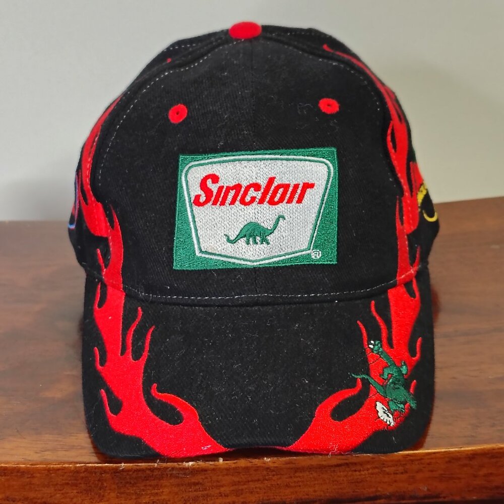 Sinclair Hat Cap Strap Back Black Red Dino Flame Racing Mens - Picture 9 of 12